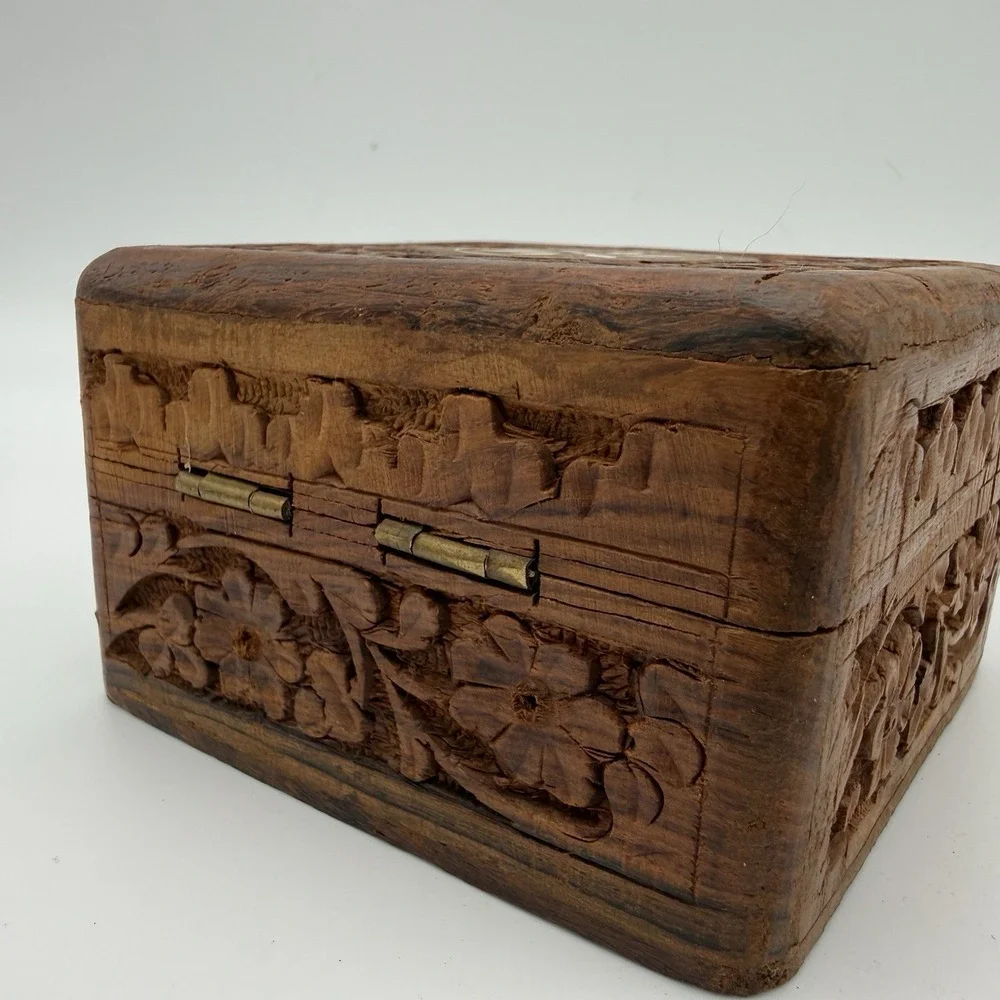 Vintage Wooden Trinket Box Jewelry Hinge Made in India Small Decor 4x4x2.5in